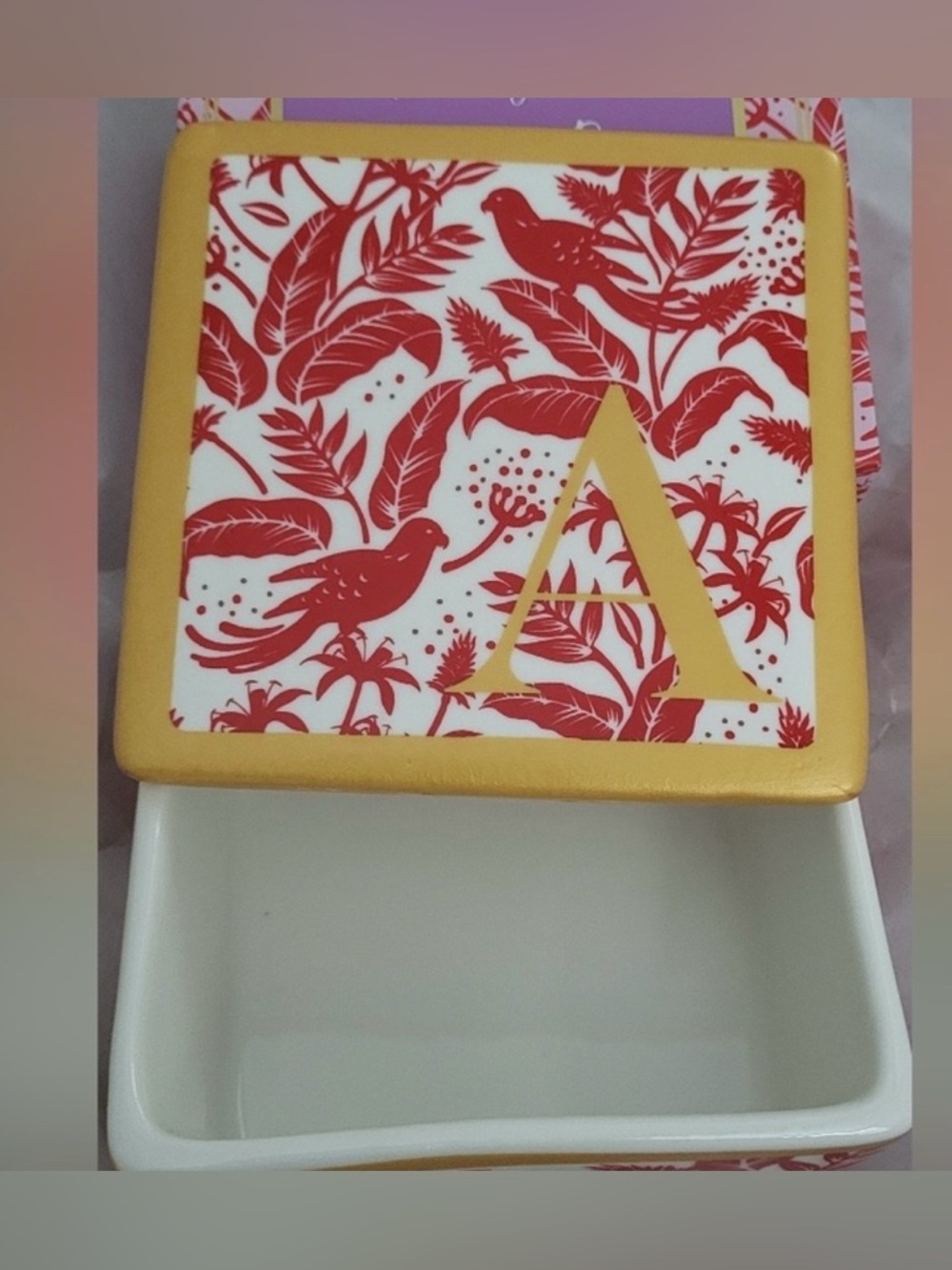 Pink Sky Trinket Box with Red Botanical Birds Design and Gold 'A'